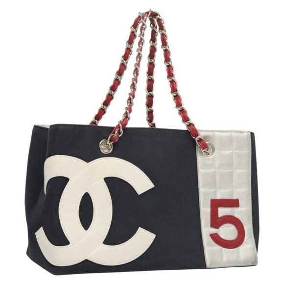 CHANEL Chain Choco Bar line Shoulder Bag Canvas Navy Silver CC Auth sw481 - Picture 1 of 16